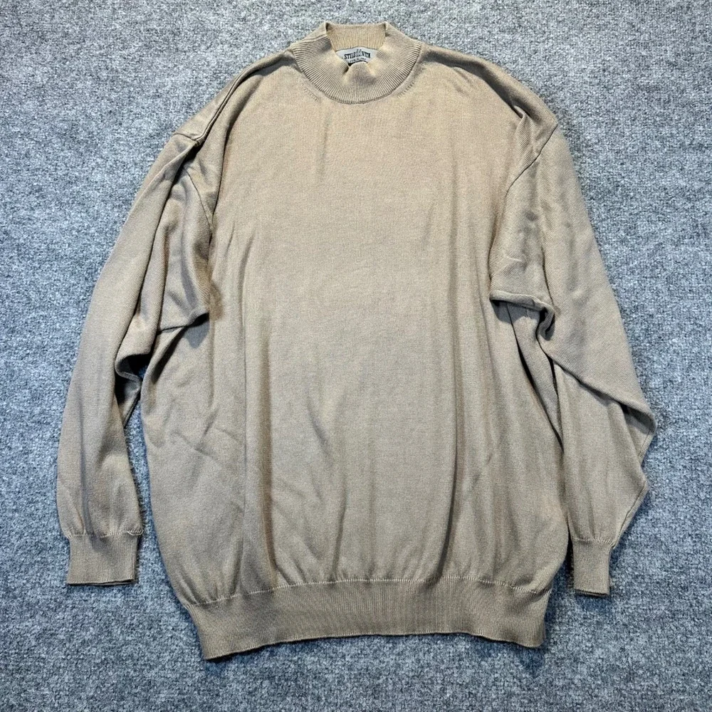 Stile di Vita Mock Neck Sweater Mens Large Tan Italian Knit Minimalist Casual